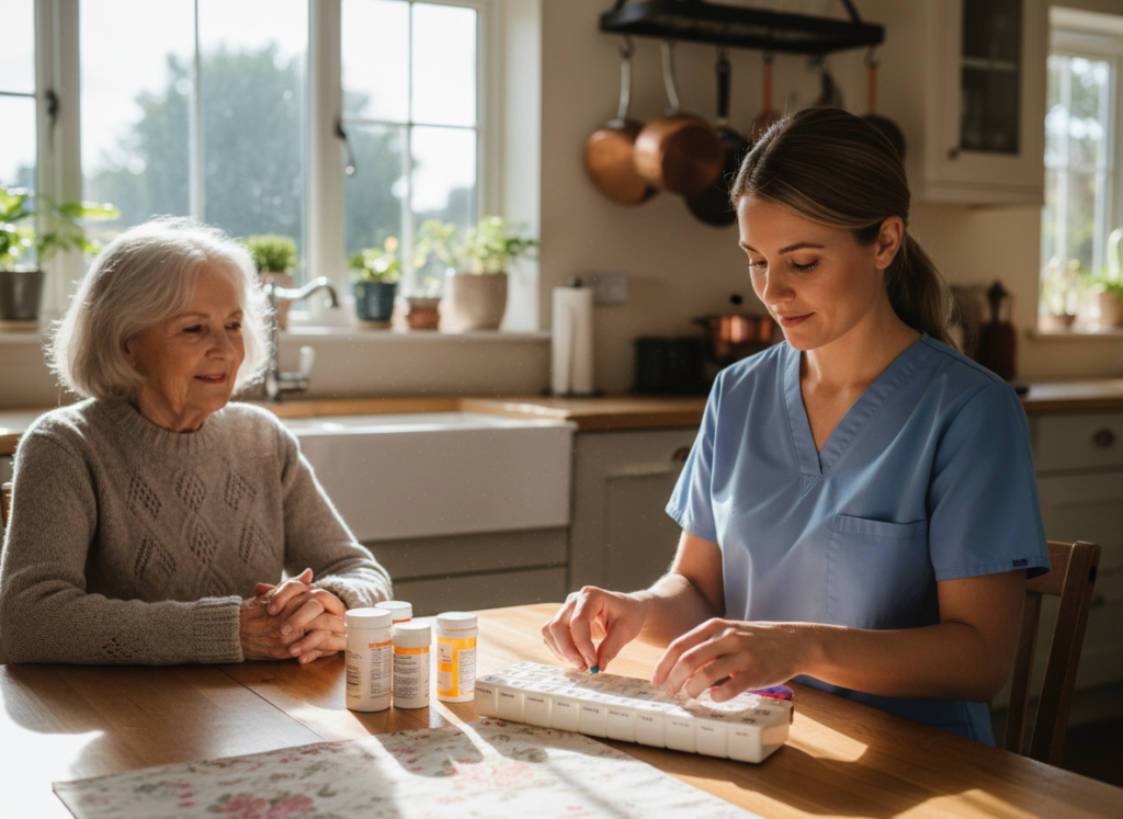 Nurse organizing medications for a patient at home in Hempstead