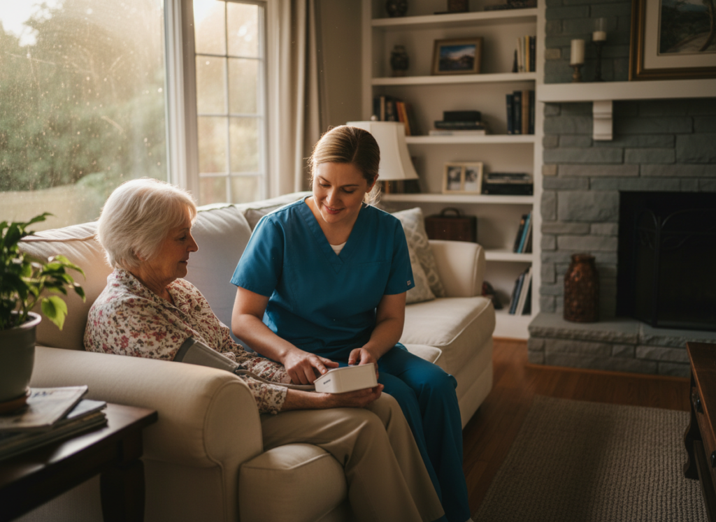 Nurse checking blood pressure for an elderly patient at home in Garden City