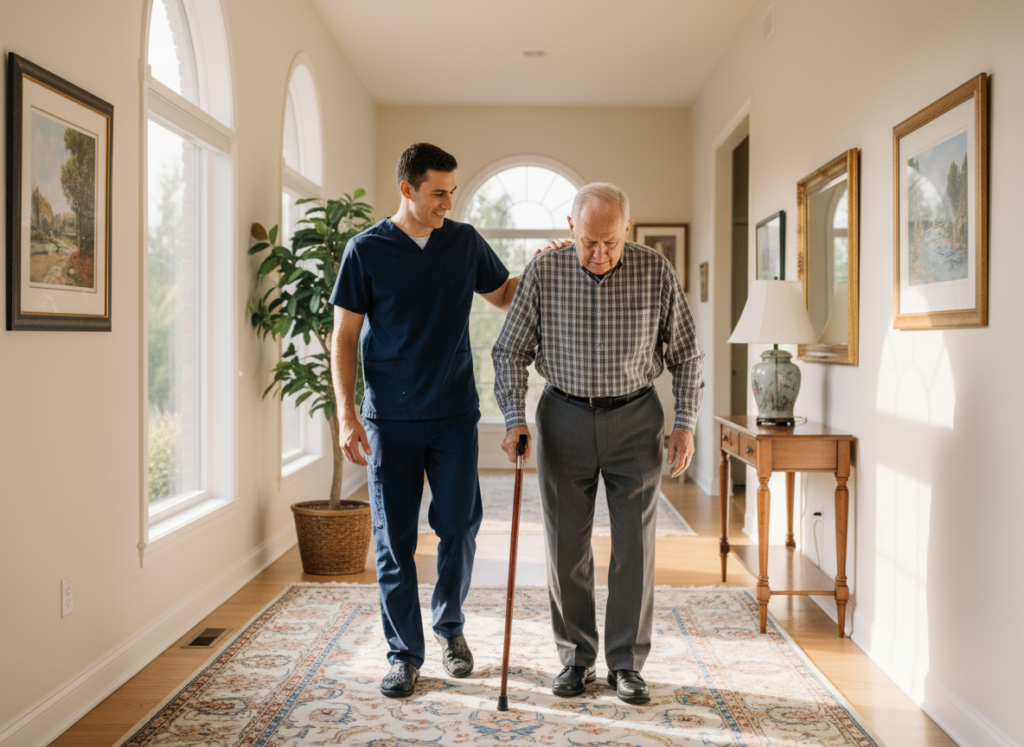 Nurse helping an elderly patient walk safely at home in Great Neck