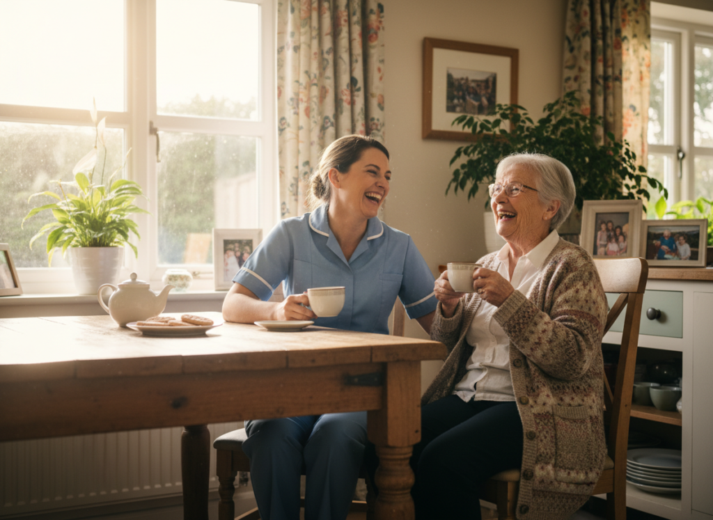 Nurse sharing a warm moment with a patient at home in Woodbury