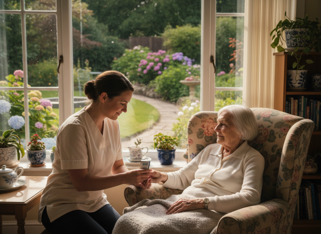 Nurse monitoring vitals for a patient at home in Port Washington