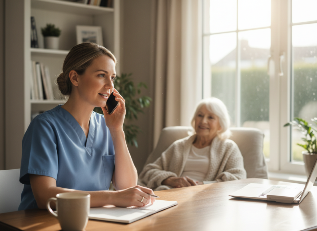 Nurse coordinating care with a physician for a patient at home in Rockville Centre