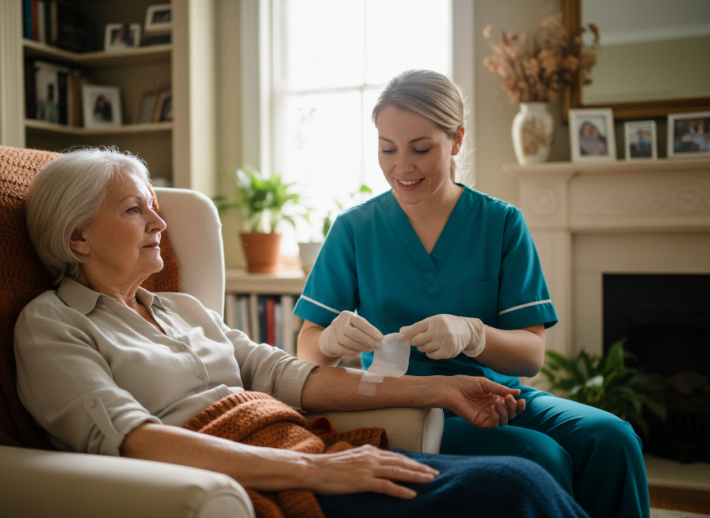 Nurse providing wound care for a patient at home in Roslyn