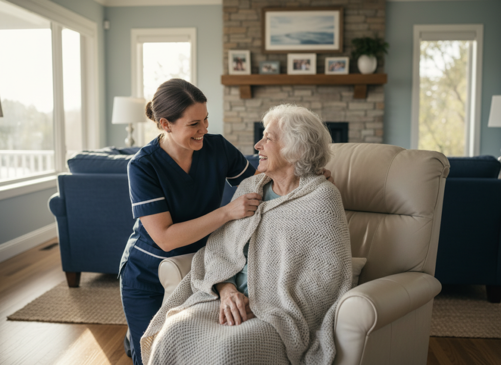 Nurse helping a patient get comfortable at home in Seaford