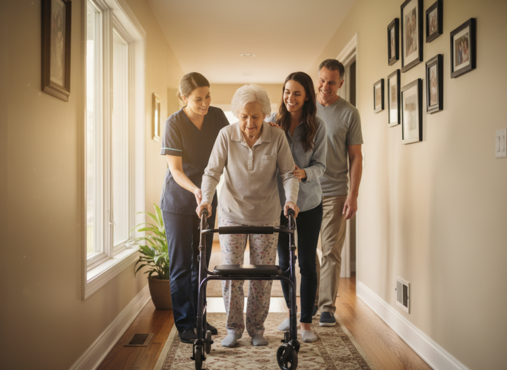 Nurse assisting a recovering patient walk at home in Mineola