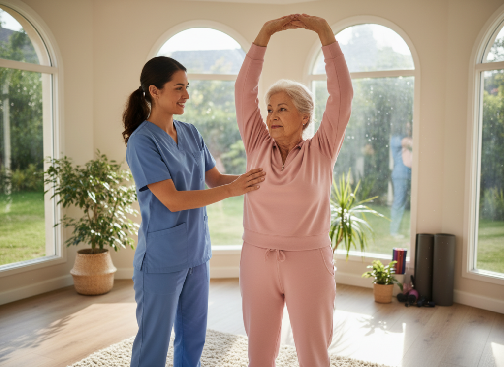 Nurse assisting with light exercise for a patient at home in Syosset