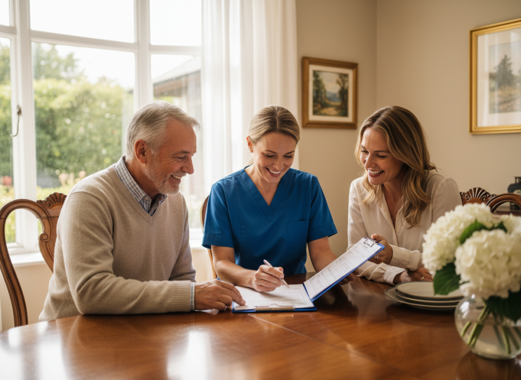 Nurse reviewing a care plan with a family in Manhasset