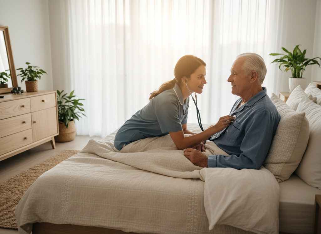 Nurse checking a patient's heartbeat at home in Hicksville