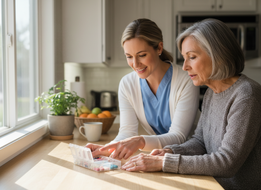 Nurse reviewing medication organization with a patient at home in Wantagh