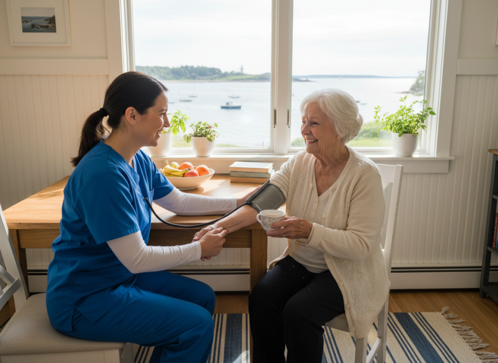 Nurse checking blood pressure for a patient at home in Massapequa