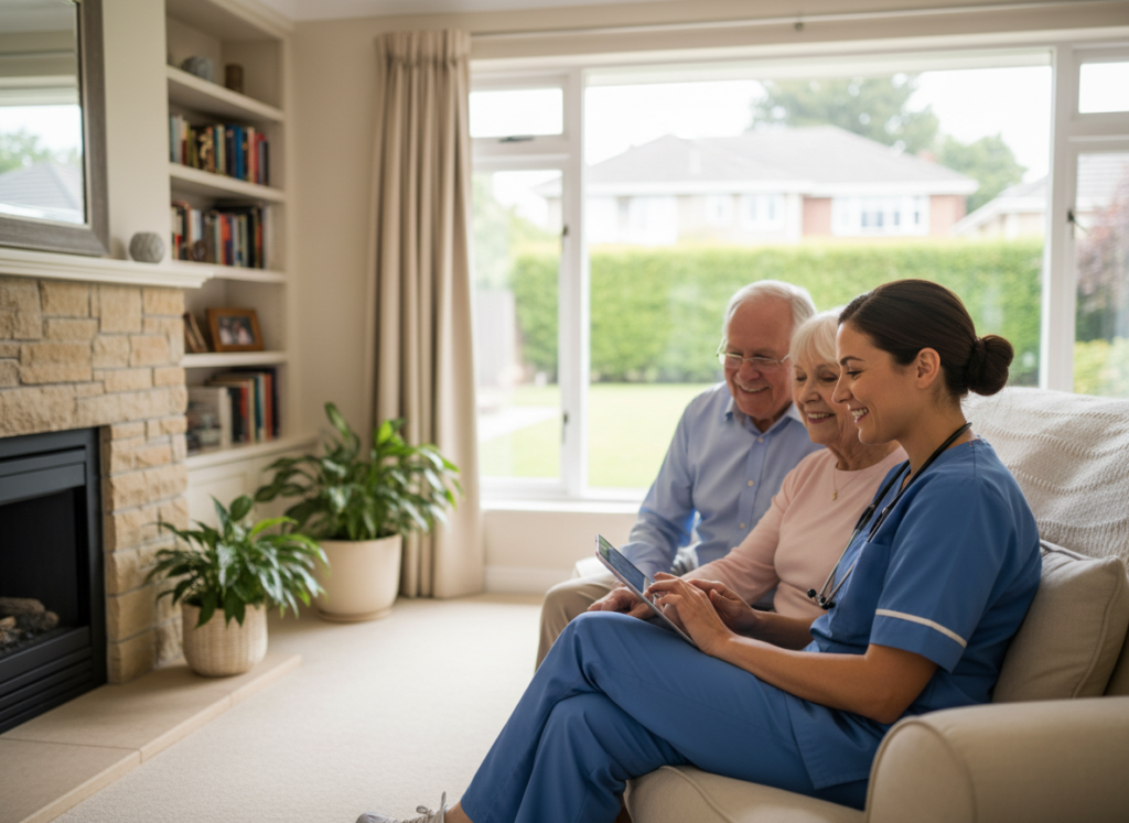 Nurse consulting with a couple at home in Plainview