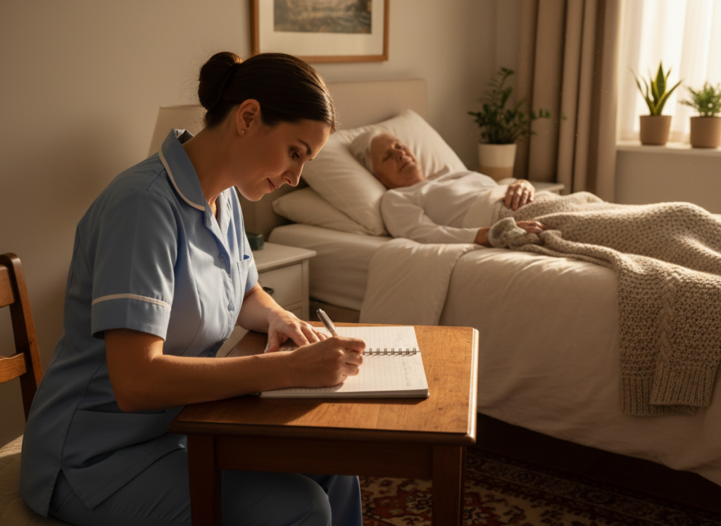 Nurse keeping careful notes while caring for a patient at home in Jericho