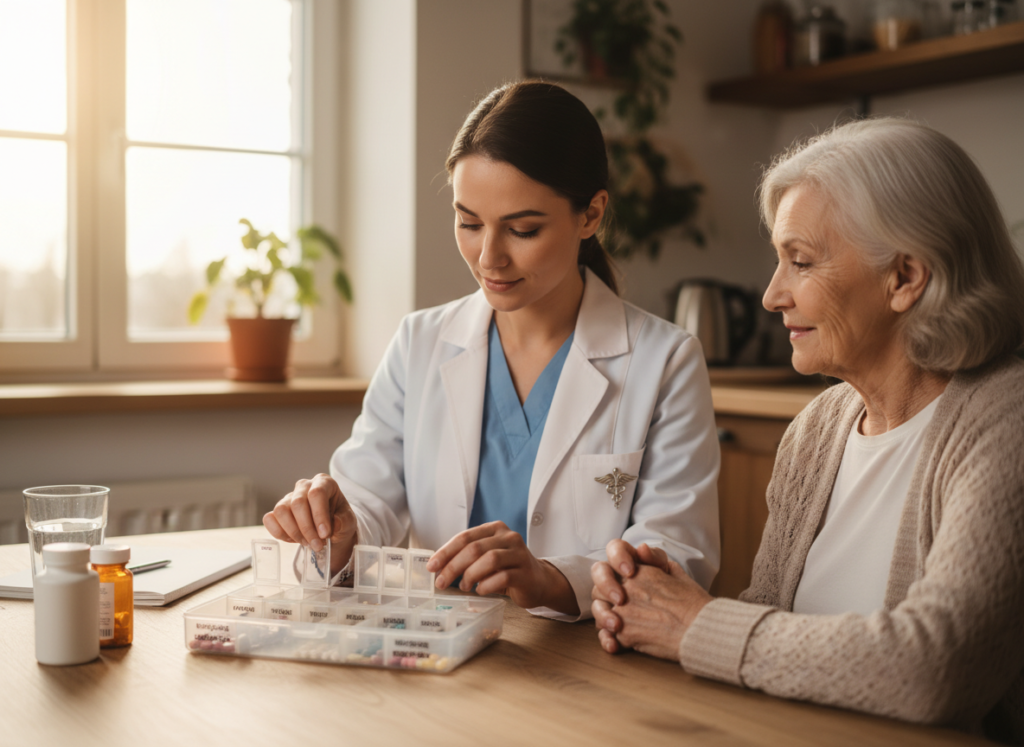 Licensed nurse organizing medications for a patient at home