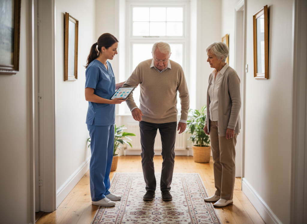 Nurse assessing a patient's balance and fall risk at home