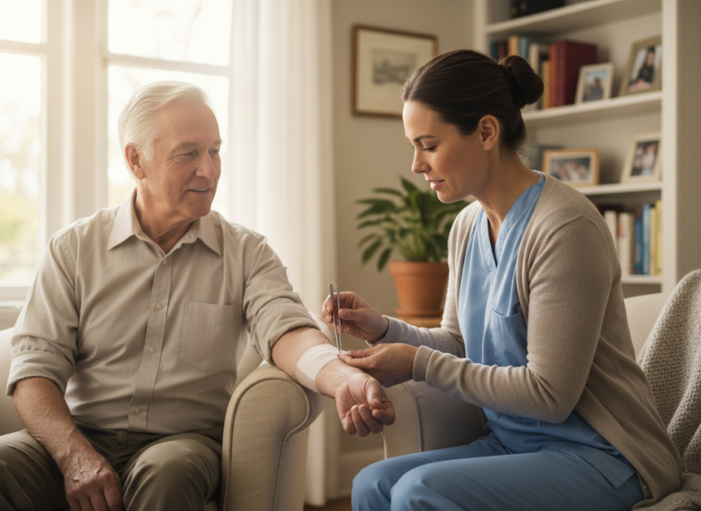 Nurse checking a healing wound at home