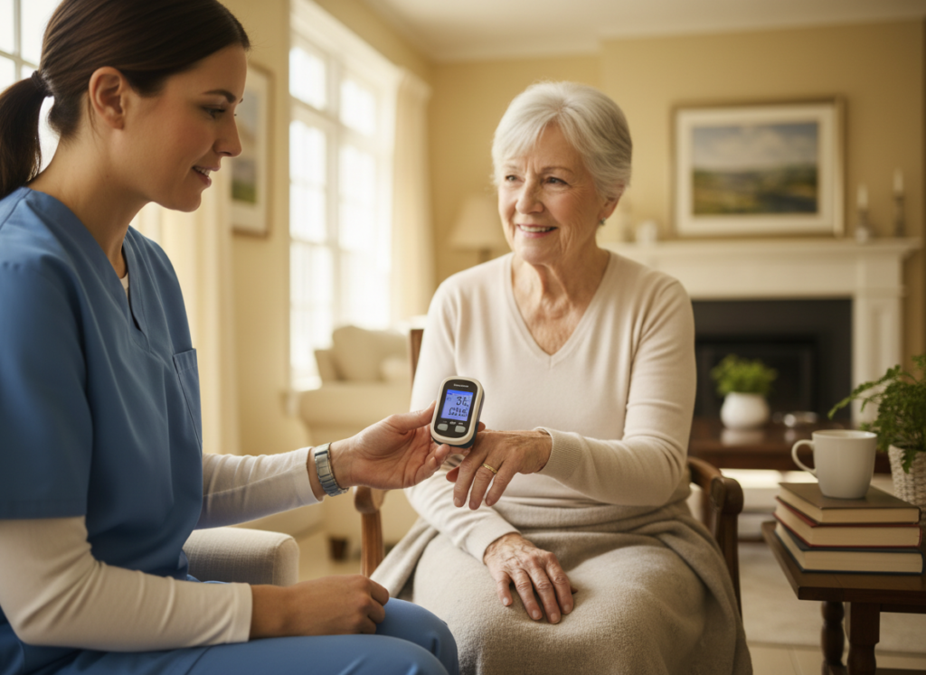 Nurse monitoring a chronic health condition with a pulse oximeter