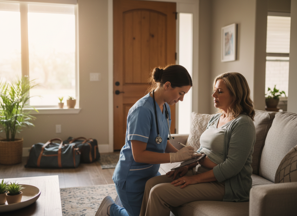 Nurse checking a patient's condition just after hospital discharge