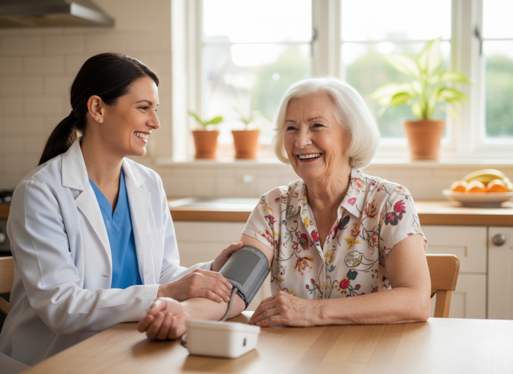 A caregiver checking in with an independent senior at home