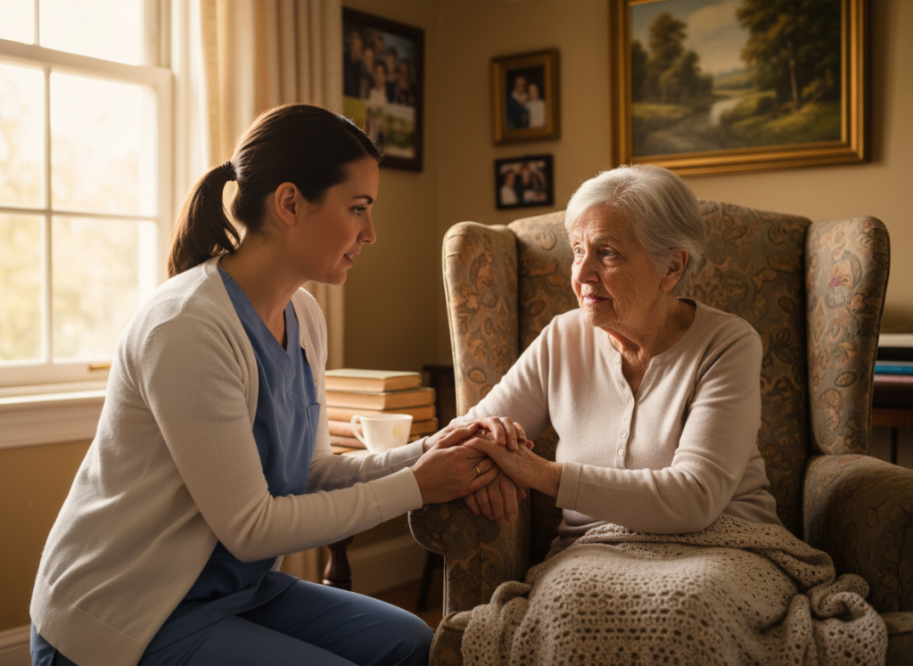 Nurse gently speaking with a patient experiencing memory loss