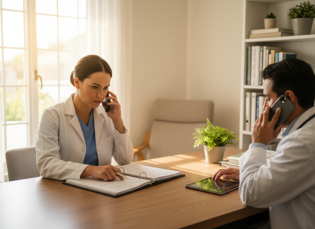 Nurse consulting with a physician about a patient's care plan
