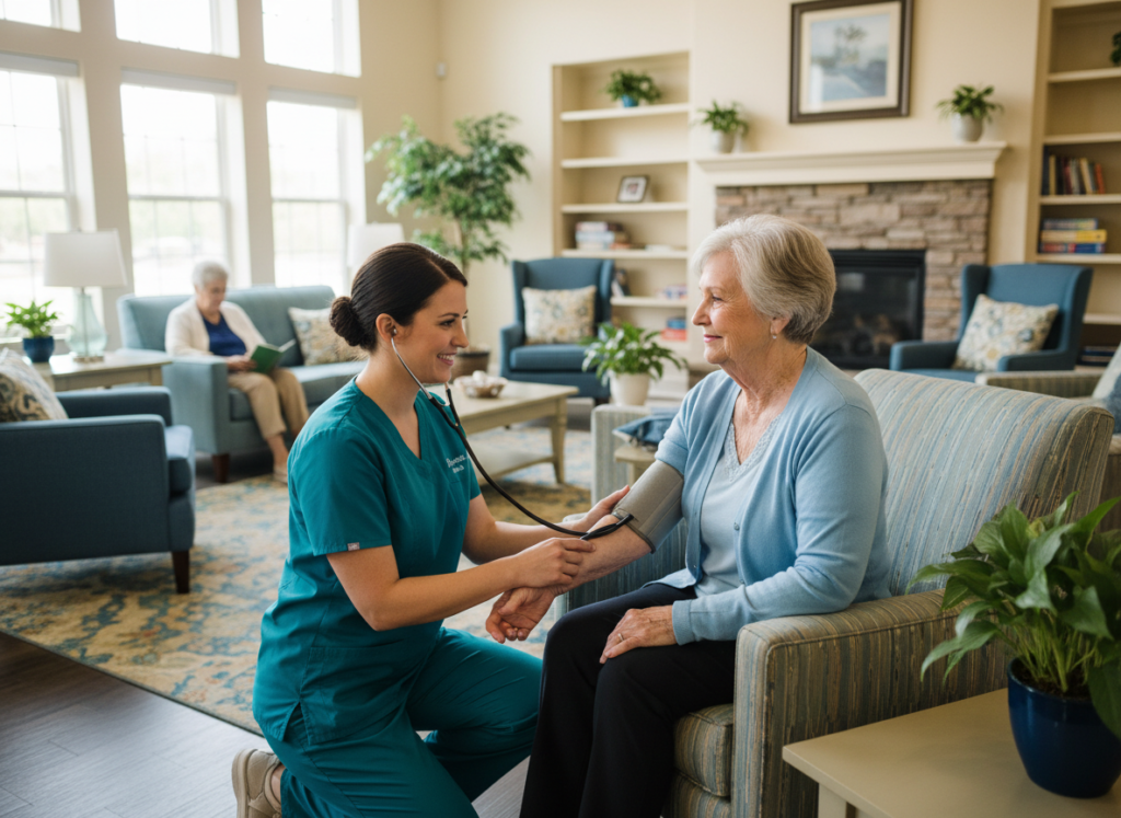 Nurse providing one-on-one care to a resident in an assisted living community