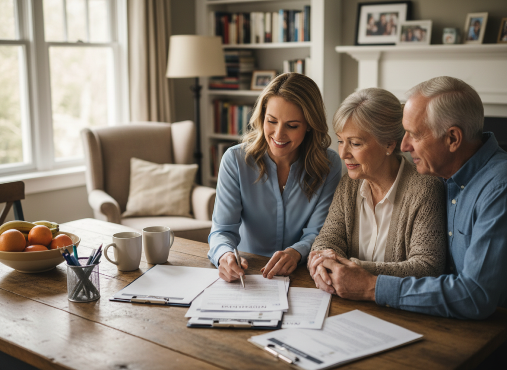 Nurse reviewing insurance and payment options with a couple