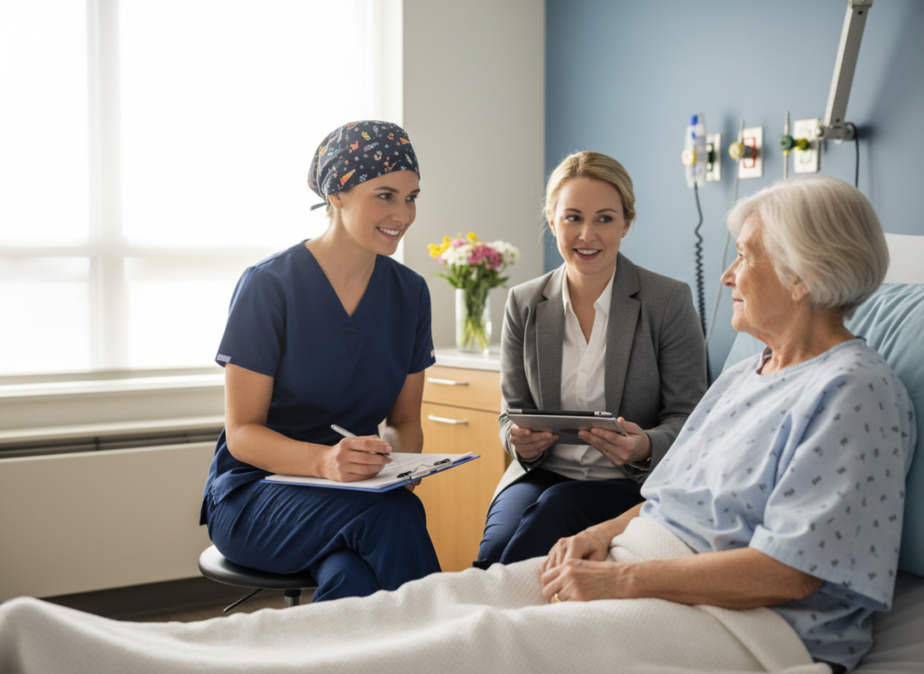 Registered nurse discussing discharge planning with a patient and case manager