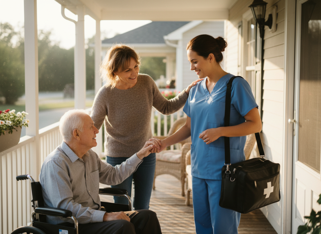 Family member greeting a caregiver arriving to provide respite care