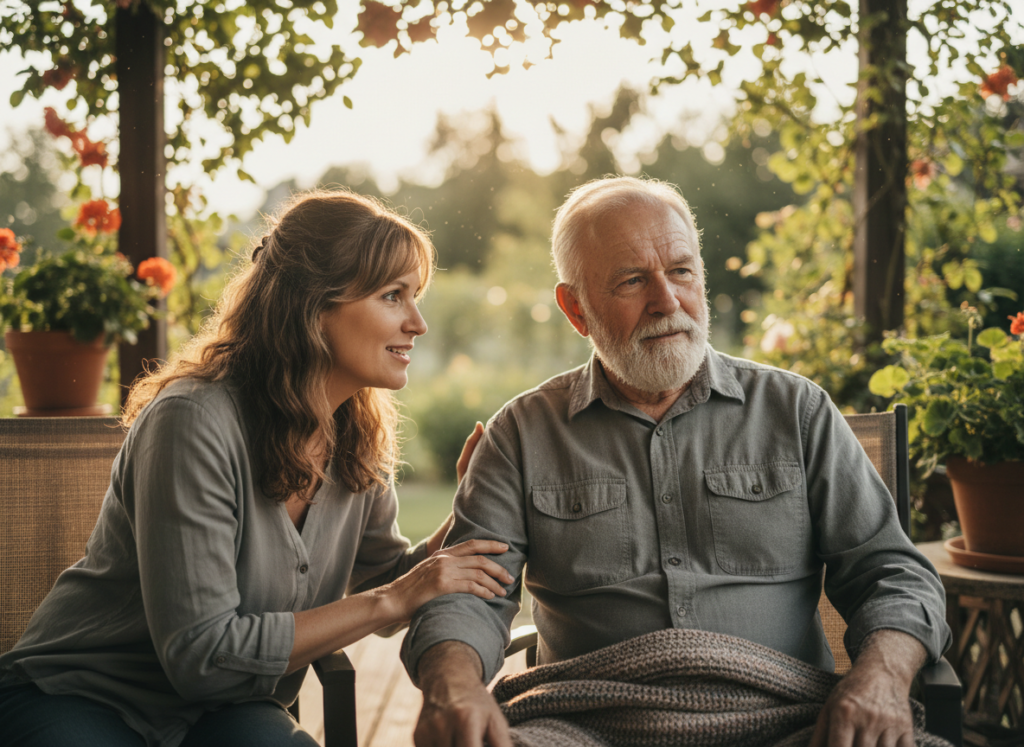 Adult daughter gently talking with her elderly father